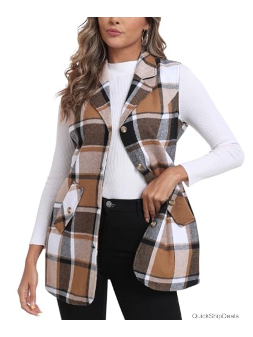 Plaid Flannel Vest for Women Sleeveless Button Down Blazer Jacket
